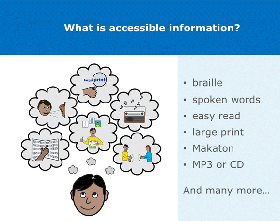 What is accessible information? Braille, spoken words, easy read, large print, Makaton, MP3 or CD and many more